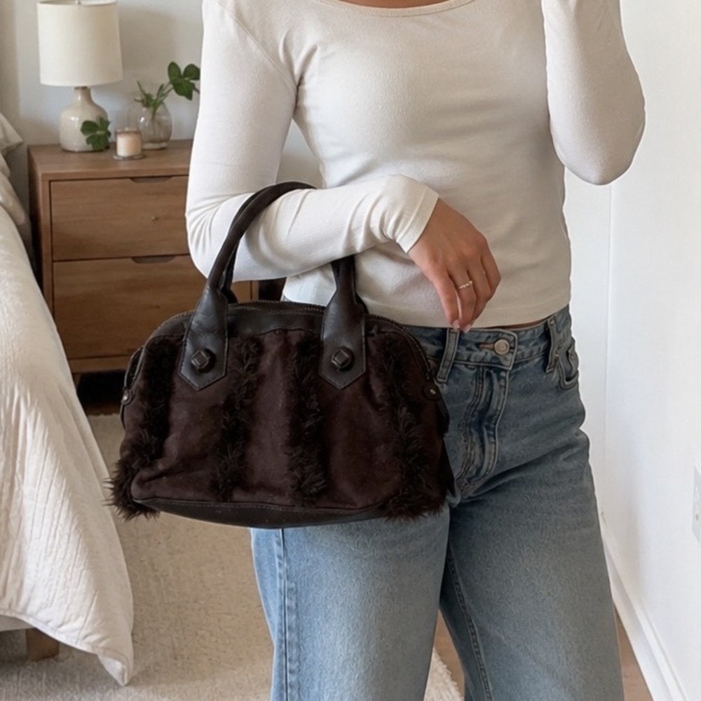 Vintage Avon Brown Faux Fur Suede Y2K Satchel Handbag Bag boho western